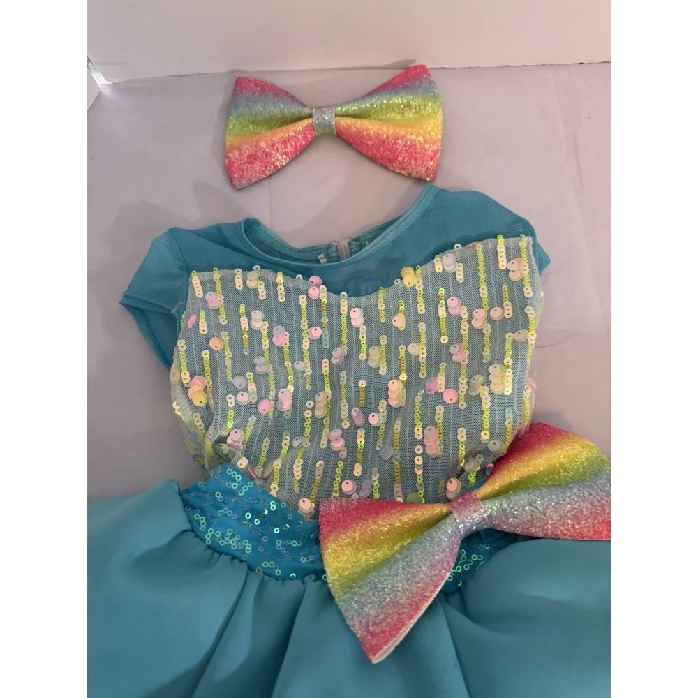 Weissman Turquoise Rainbow Sequin Dance Costume Style 64830 with 2 Hair Bows‎